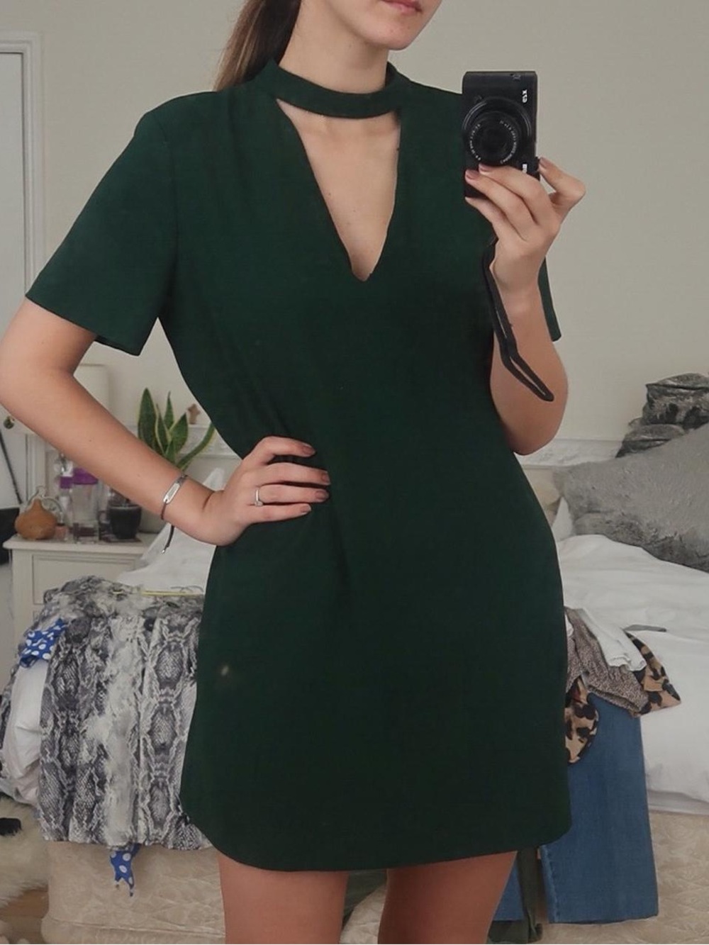 Zara Dark Green Mini Shift Dress with Choker